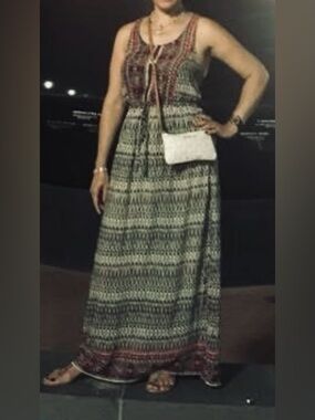 Angie Black-and-Cream Printed Maxi Dress with Pink Trim